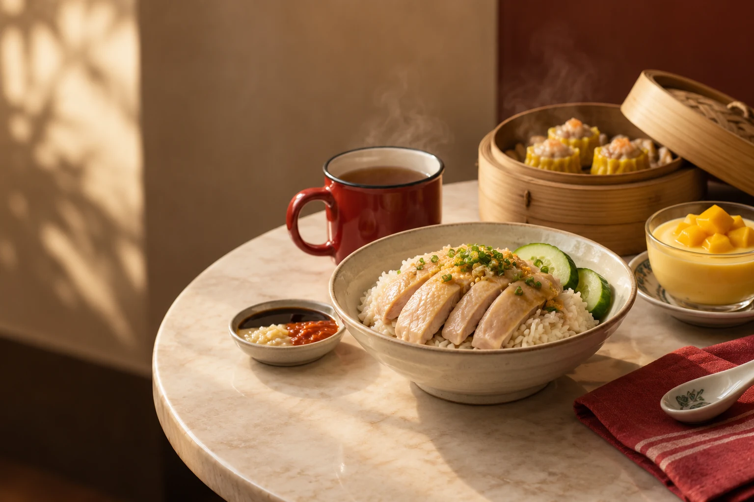 Illustrative Hong Kong cafe table with Hainan chicken rice, siu mai, tea and mango pudding; not an exact Cafe 48 product photograph.